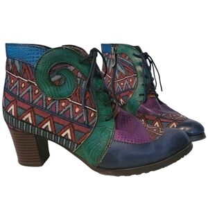Socofy Leather Tapestry Lace-up Colorful Artsy Ankle Boots Booties EU 37 US 6.5